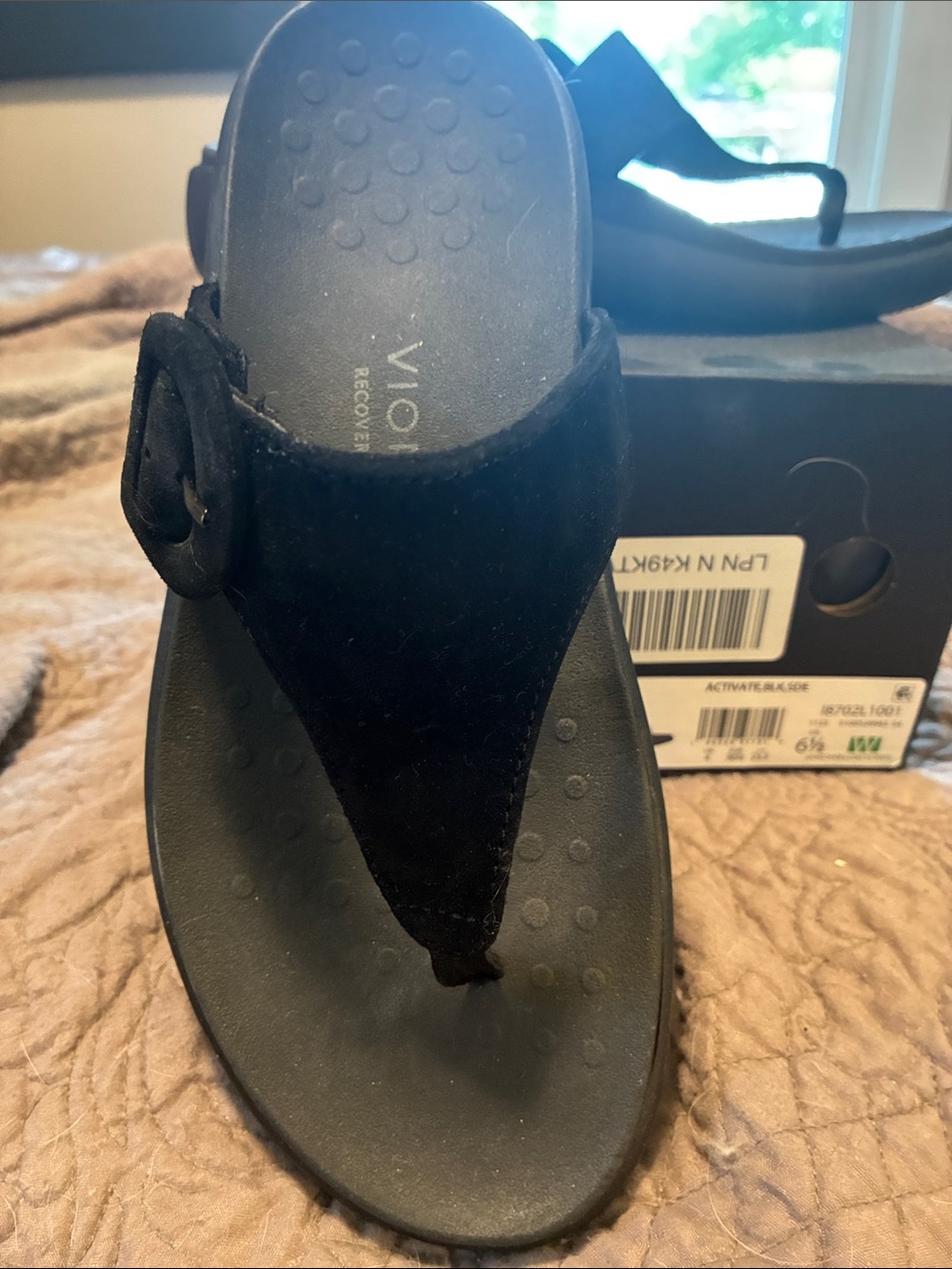Vionic Black Suede Thong Sandal with Buckle Accent